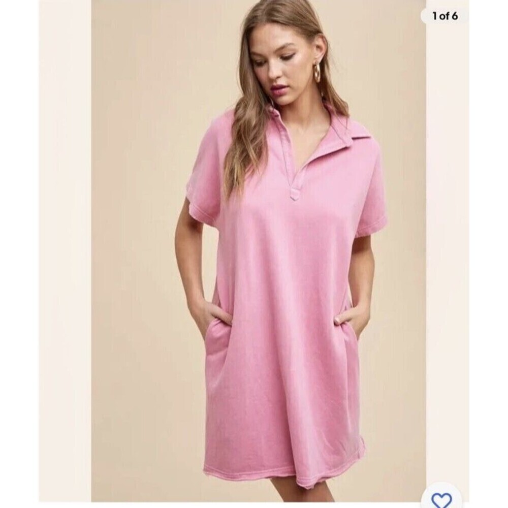 New Annie Wear Mineral Washed Johnny Collar Dress Size XL Pink Short Sleeve nwt
